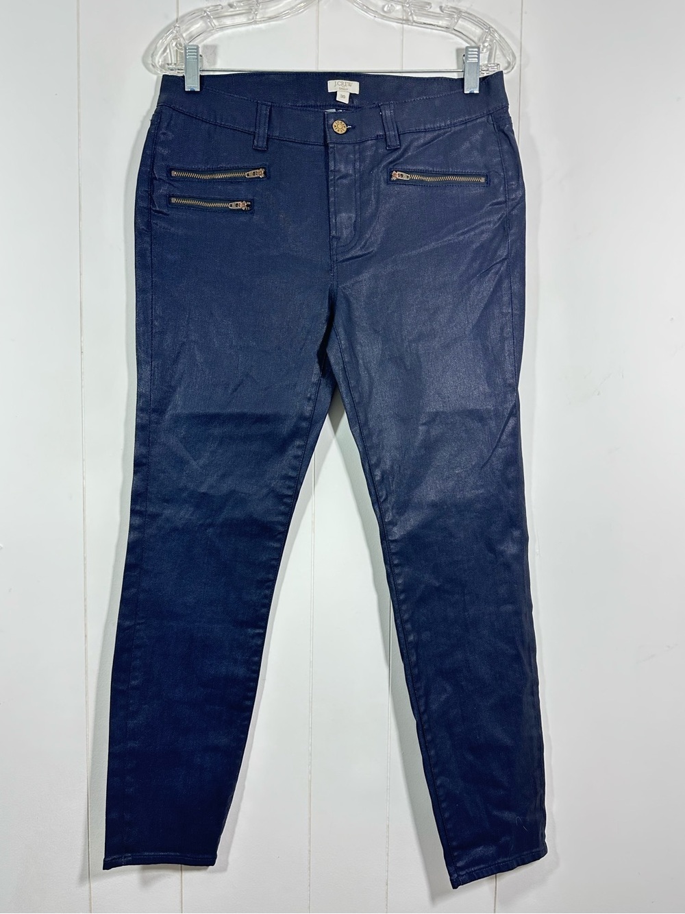 NWT J Crew Sz 30 Womens Skinny Coated Denim Jeans Moto Zip Pockets Navy Blue